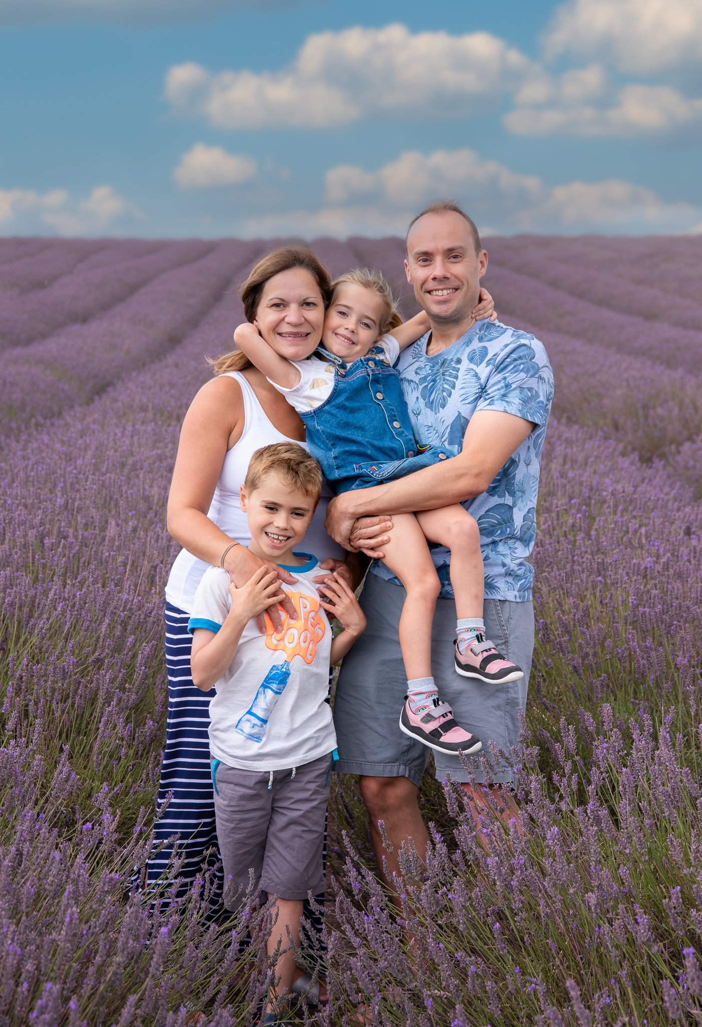 Family in lavender field